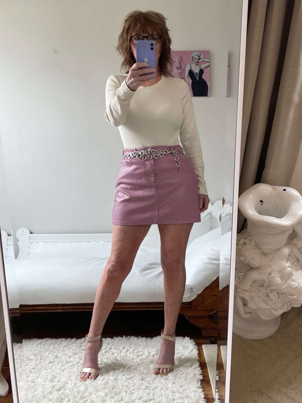 LAVENDER LILAC FAUX LEATHER PENCIL SKIRT LAZER FLOWERS POCKETS ZIPPER LE LIS